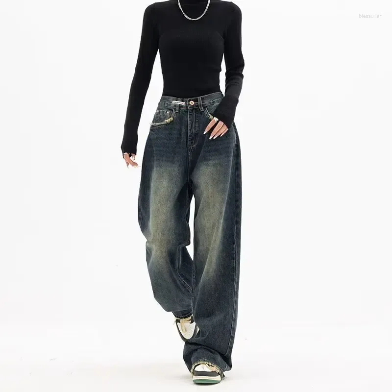 Kvinnors jeans Y2K hög midja tunna raka löst retro casualbyxor vid benbyxor