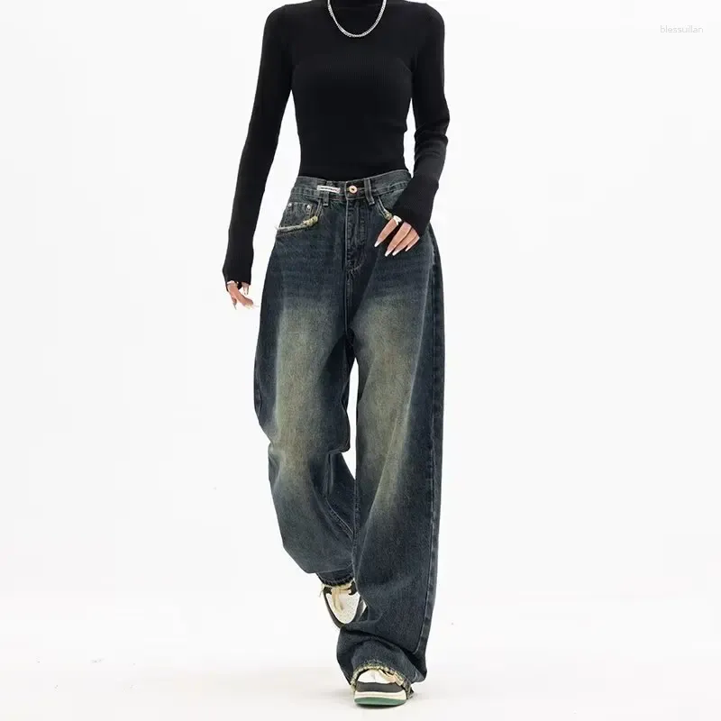 Jean femme Y2K taille haute mince droit ample rétro pantalon décontracté pantalon à jambes larges