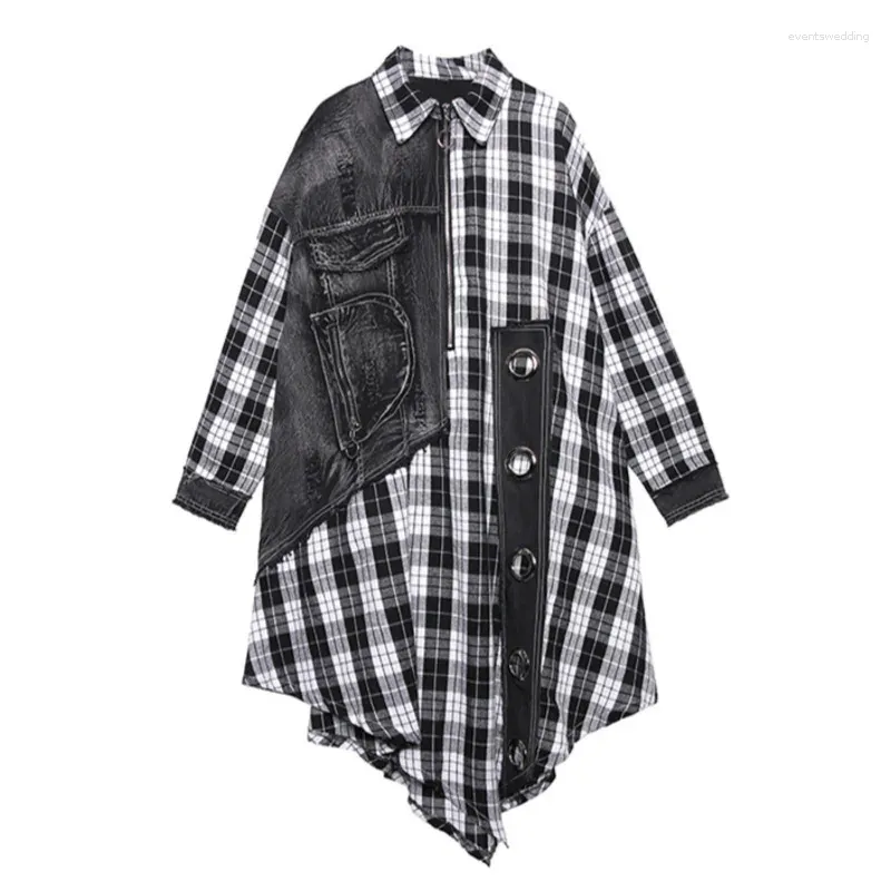 Women's Trench Coats Fashion Street Plus Size Women Coat Plaid Long Sleeved Shirt Tops 2023 Spring Autumn Retro Denim Stitching Top