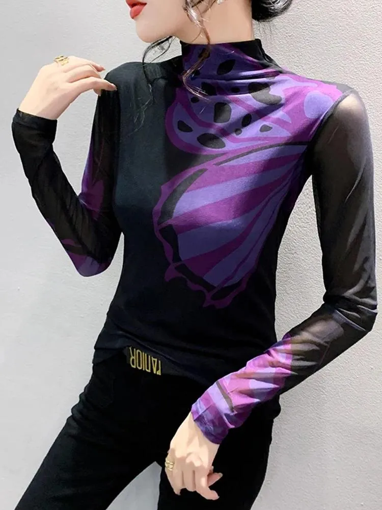 Mulheres Camisetas Winsleter Elegante Básico Camiseta Manga Longa Alta Elastic Tee Inverno Outono Mulheres Turtleneck Posição Impressão Slim Malha Tops