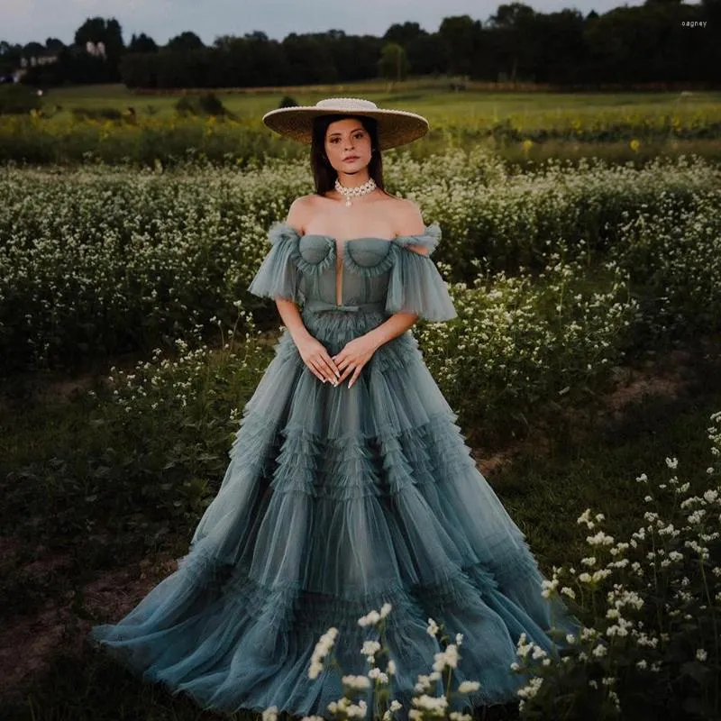 Robes de soirée de couleur tulle bleu sarcelle robe de mariée alternative une ligne plus la taille hors épaule couches à plusieurs niveaux chérie tutu soirée bal