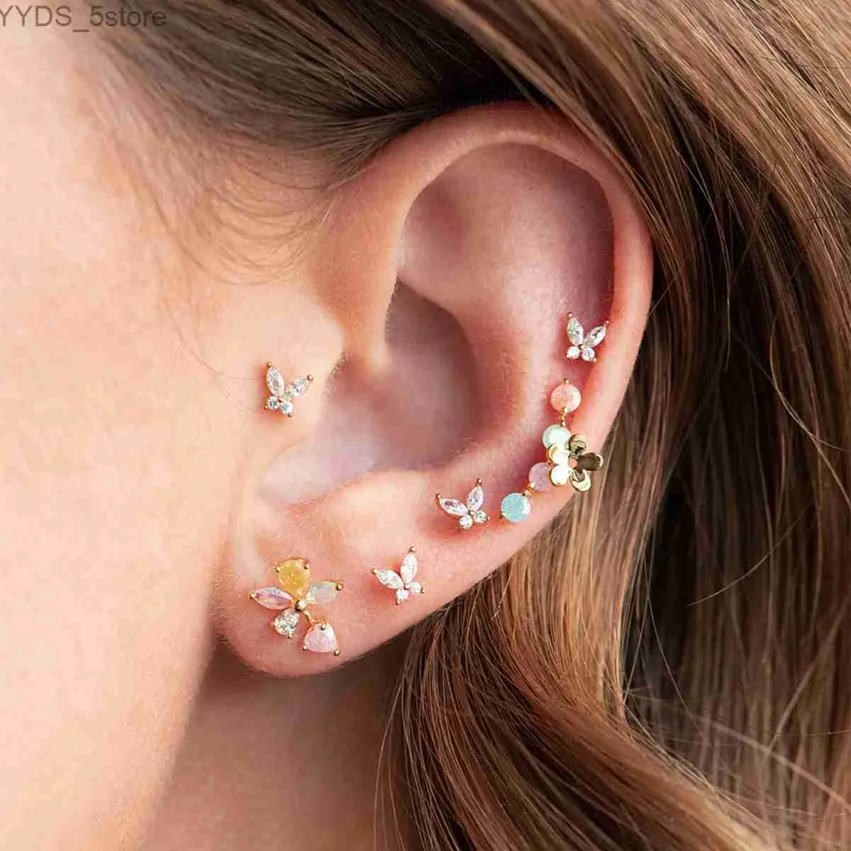 Stud 6 pièces boucles d'oreilles Kit de perçage fille Style coréen cristal papillon fleur oreille Stud 2000s esthétique Y2k accessoires Cartilage bijoux YQ231107