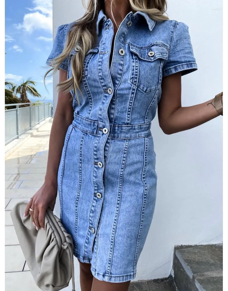 Casual Kleider Frauen Sommer Kurzarm Slim Jean Kleid 2023 Retro Denim Für Weibliche Mode Stretch Büro Damen Kleidung