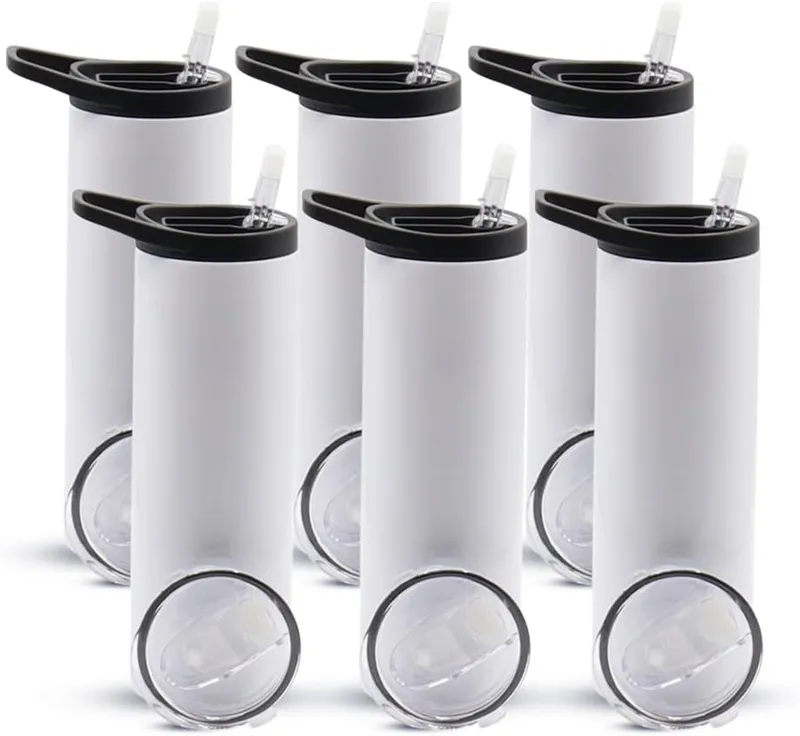 Dual Lids! Blank Sublimation Tumbler with Black Grey handle Lid 20oz STRAIGHT skinny tumbler Stainless Steel Vacuum Tumbler with 2 Lids, Straws