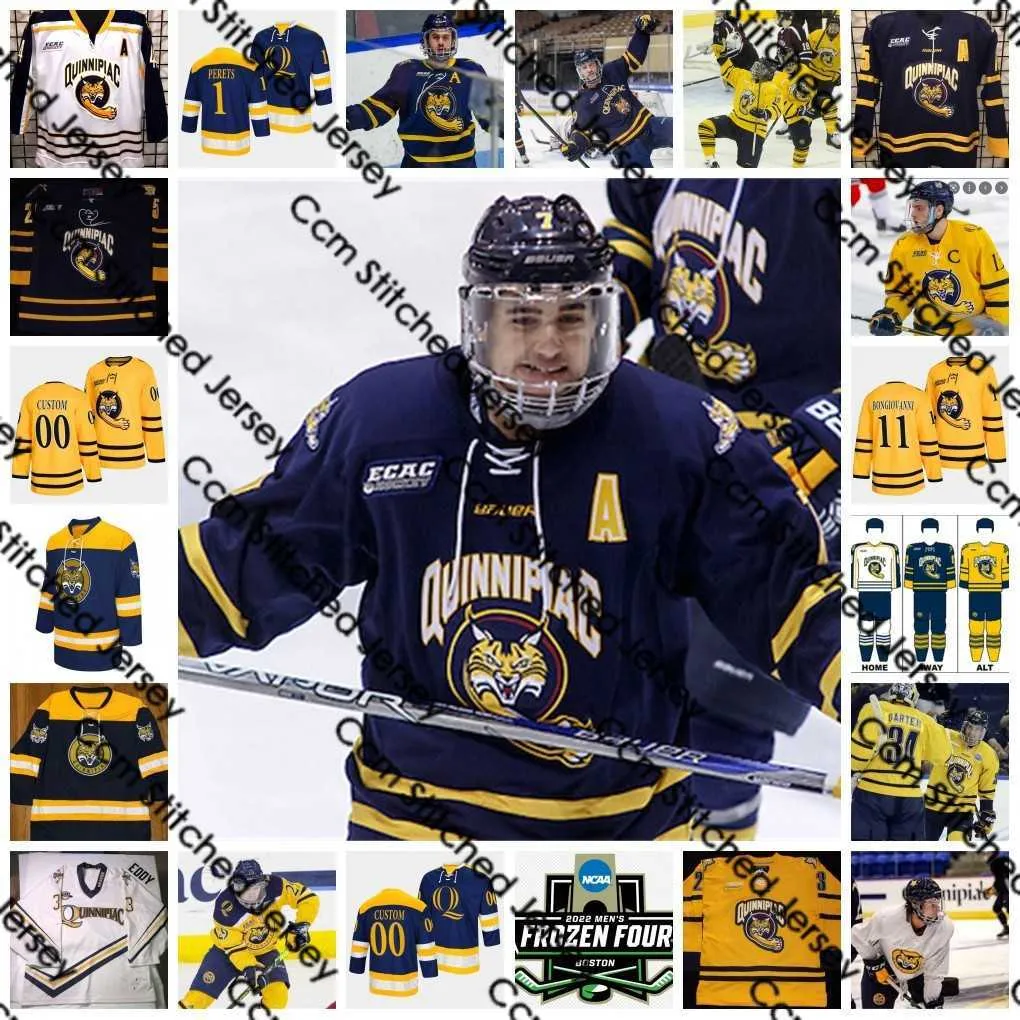 2022 NCAA Frozen Four Custom QU Quinnipiac Bobcats Hockey Jersey 1 Yaniv Perets 2 Iivari Rasanen 3 Jack Babbage 4 Michael Lombardi 5 C.J McGee 6 Griffin Mendel Jerseys