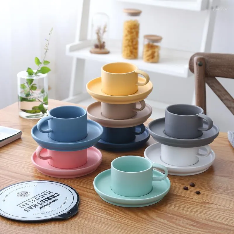 Cups Saucers 200ML Macaron Matte Ceramic Coffee Cup Pure Color Marquee Dish Breakfast Couple Water Arched Tea