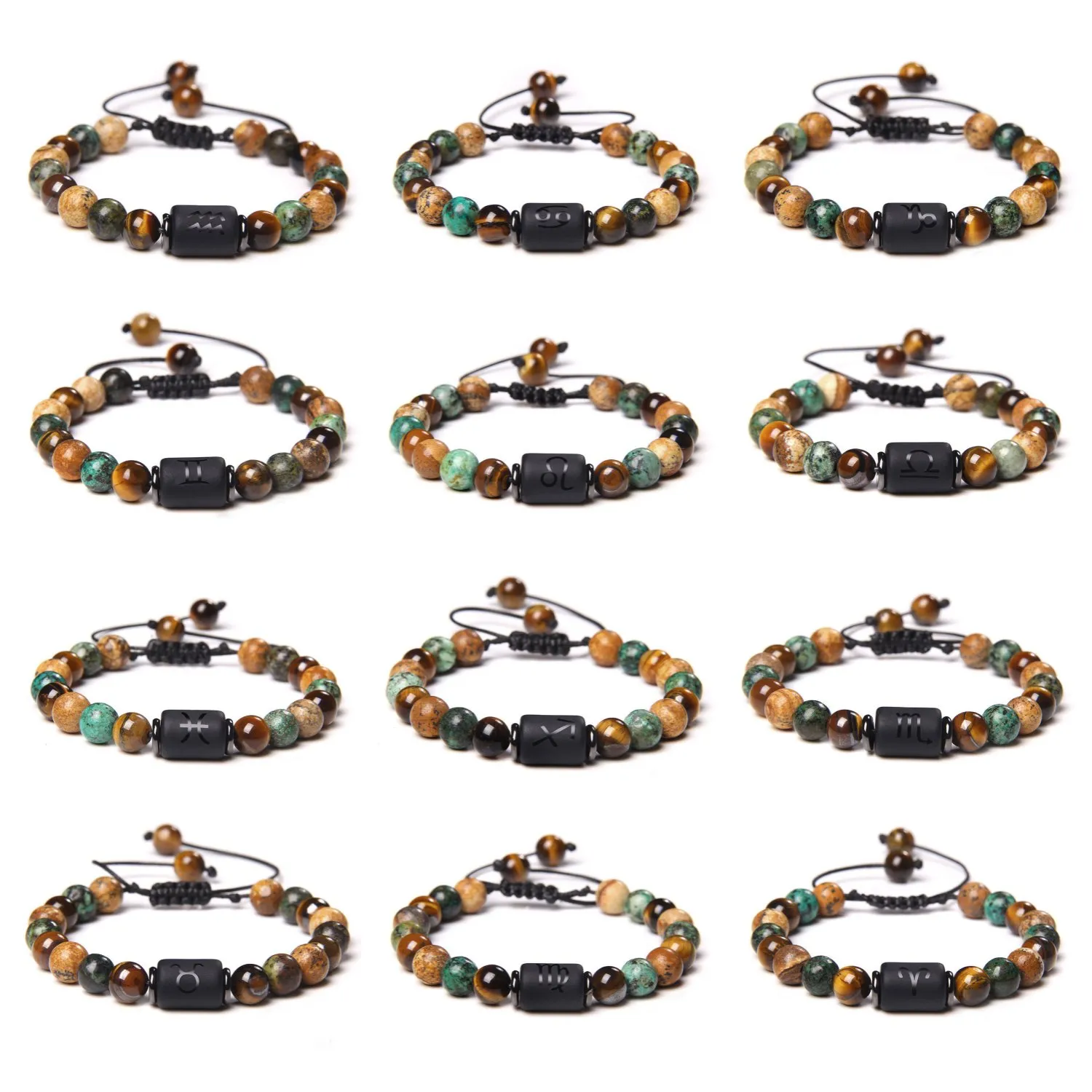 Natural Stone Chakras Bead Bracelet Men Zodiac Sign African Pinestone Weaving Bracelet For Women Men Jewelry