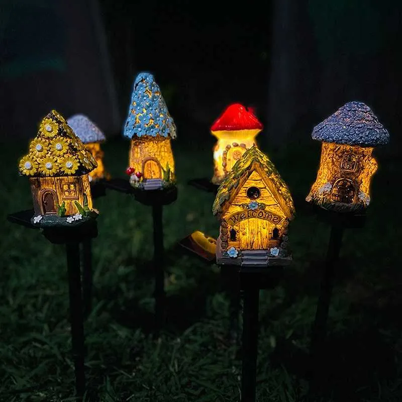 Lampade da giardino LED Solar Lawn Light Multi Craft Miniature Fairy House Solar Powered Outdoor Decor Garden Light Resin Cottage Landscape Lights P230406