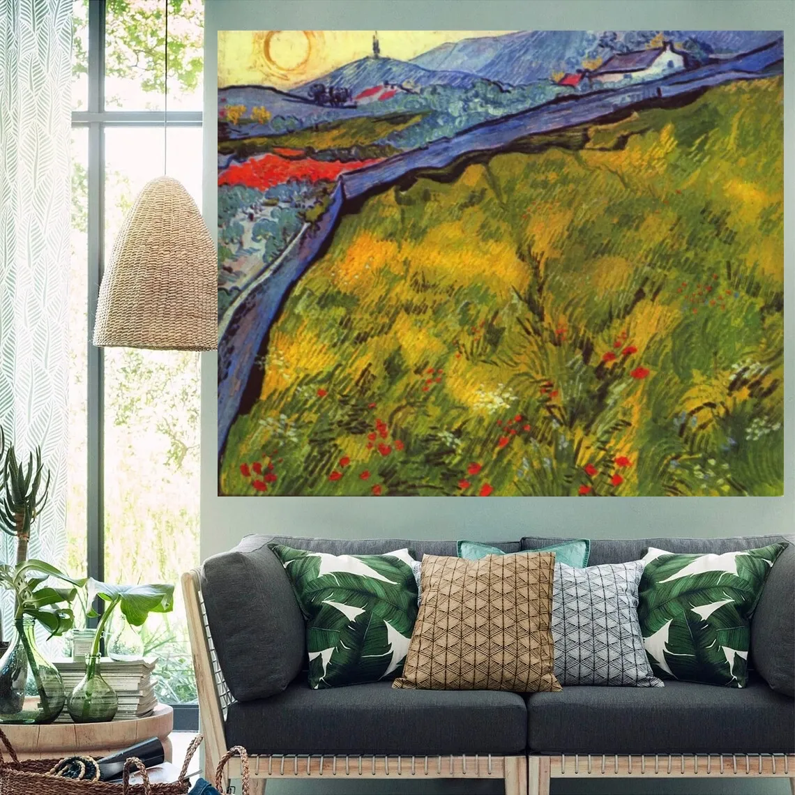 Pintura a óleo de vincent van gogh, pintada à mão, campo de trigo fechado com sol nascente, reprodução de paisagem em tela, imagem de arte de parede