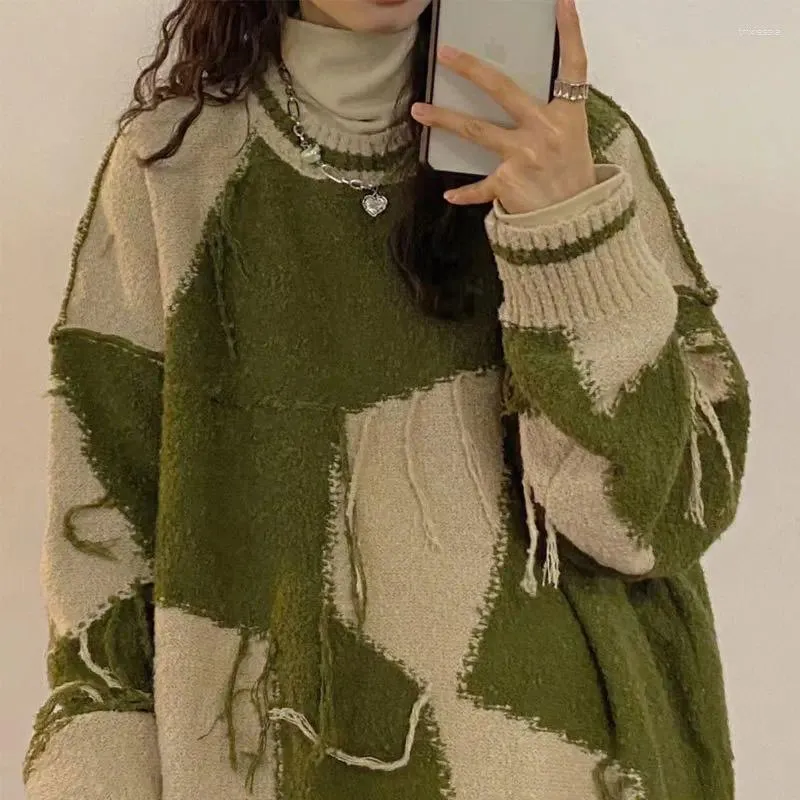 Women's Sweaters HOUZHOU Vintage Green Knitted Sweater Women Pullover Y2K Blue Female Winter Harajuku Streetwear Patchwear Autumn