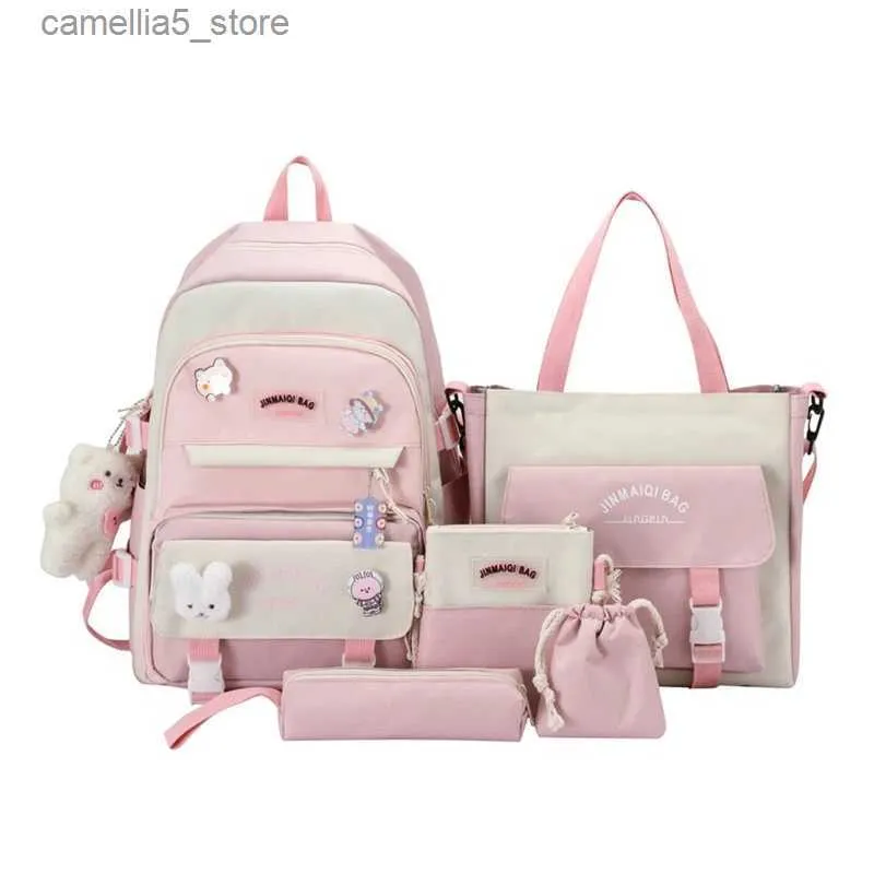 Backpacks 5Pcs Girls Backpack Set for Middle High School Girly Bookbag with Pencil for CASE Pouch Bear Pendant Cute Pins Decor Q231108