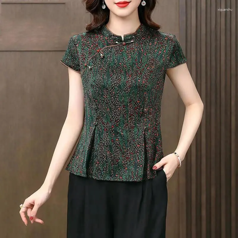 Abbigliamento etnico Cheongsam Top taglie forti da donna 2023 Camicie Qipao stile cinese con giunture in misto cotone estivo con colletto alla coreana