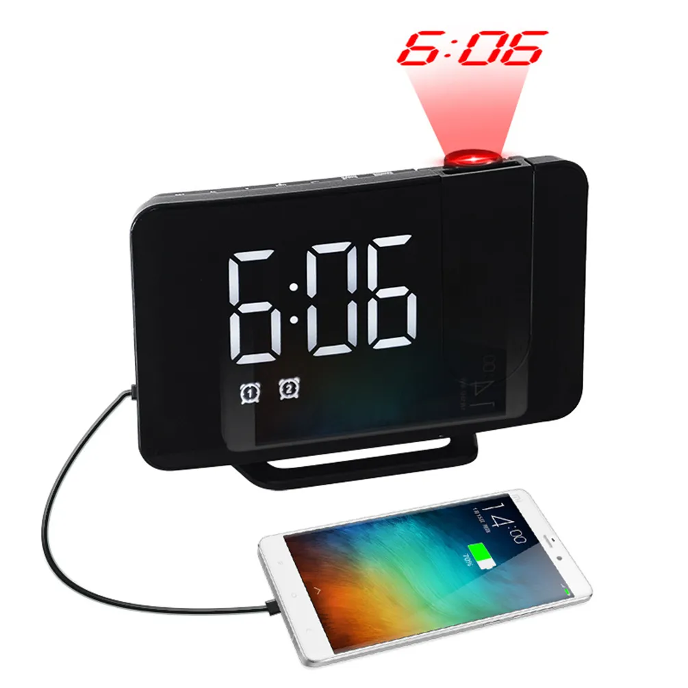 Timer wekker, digitale klok met 180 ° roteerbare projector, projectie FM -radio, helder LED -display, USB -oplader, snooze, 12/24h, slaapkamerkantoor woonkamerstudie