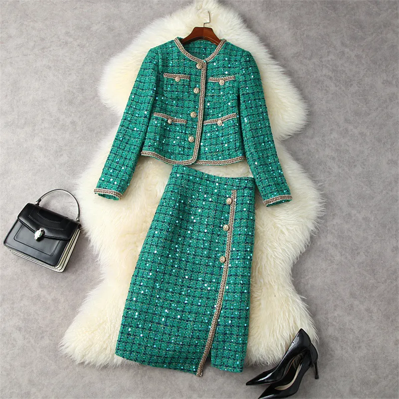 Deux pièces de robe piste d'hiver tweed robe set automne tarmn women's fête se paillin flower office veste en veste en laine 2 morceaux de cuir 230407