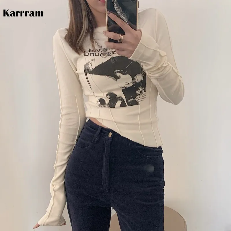T-shirt Femme Karrram Casual Slim T-shirt Pour Femmes O Cou À Manches Longues Sexy Crop Top Grunge Lettres Imprimer Femme Mode Coréenne Vêtements 230407
