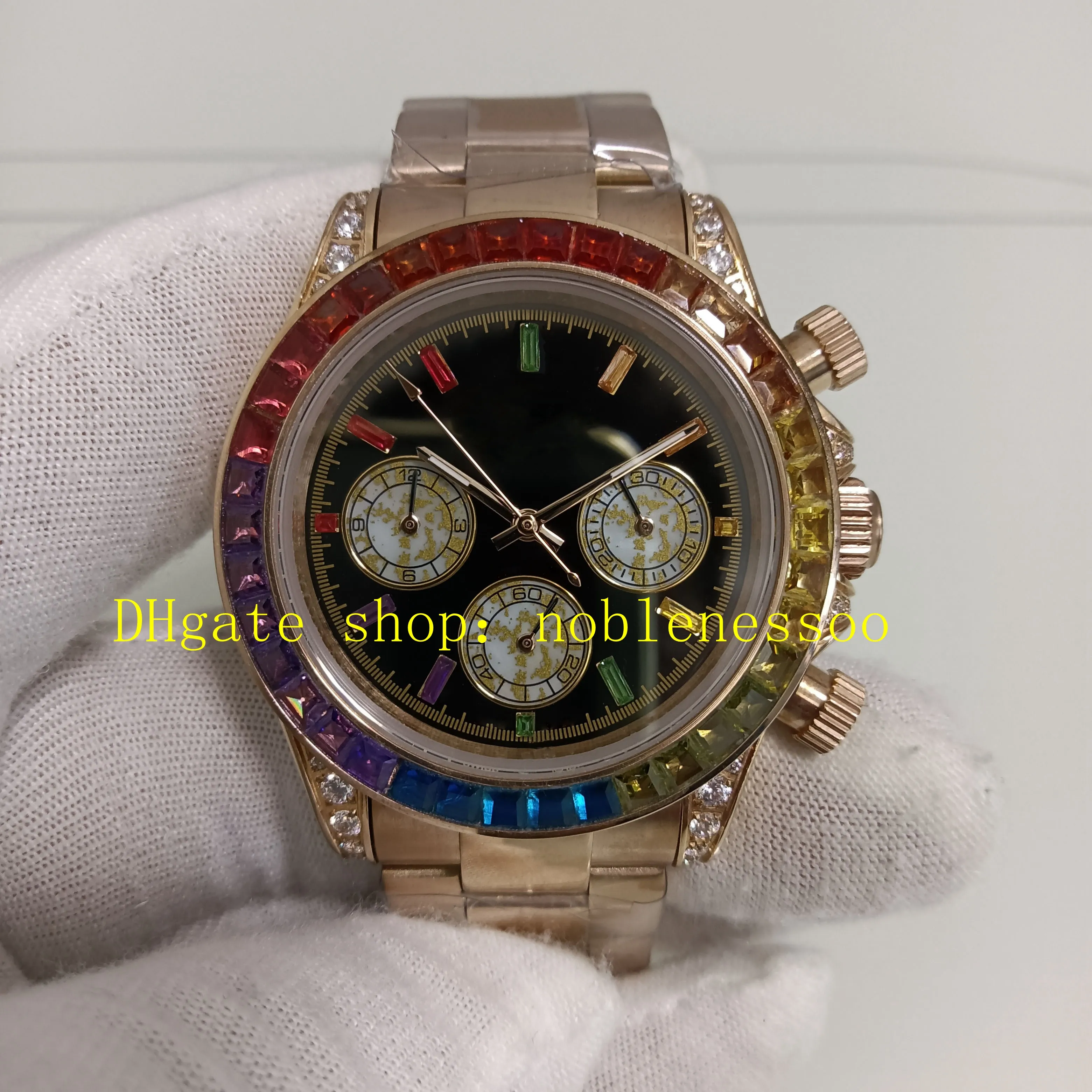 2 Style Mens Chrono Watch Men's 40mm 116595 Quartz Chronograph Rose Gold Rainbow Diamond Black Dial 116595RBOW 116598 Sport Everose Watches Wristwatches