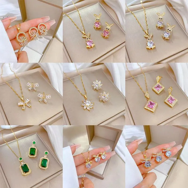 Necklace Earrings Set Light Luxury Zircon Bow Square Jewelry Stainless Steel Geometric Pendant Party Gifts For Women Girls