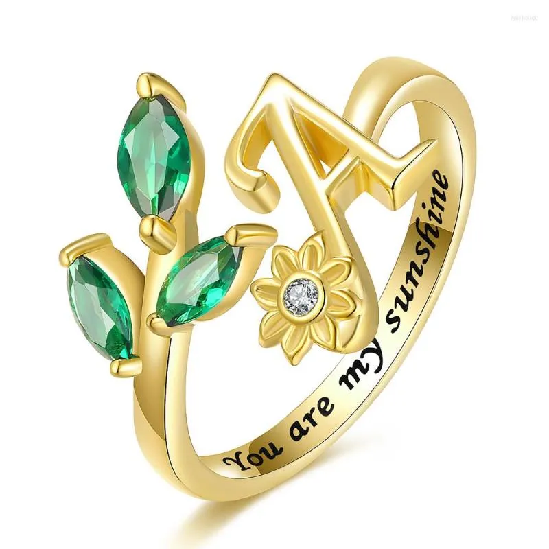 Cluster Ringe 925 Sterling Silber 18 Karat Gold Sonnenblume Blume mit Blatt Alphabet Ein Ring Du bist mein Sonnenschein Schmuck Geburtstagsgeschenke für Frauen