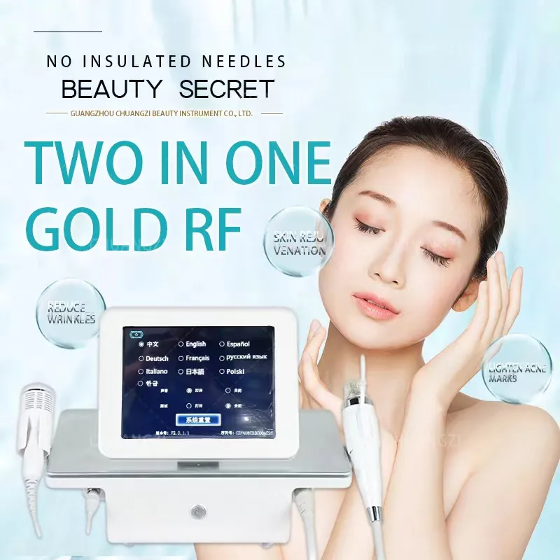 2 en 1 Artículos de belleza Nuevo diseño Oro Radiofrecuencia Microcristal Fraccional Rf Eliminación de arrugas Microaguja fraccional Rf Máquina para lifting facial