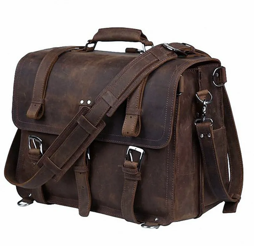 Cartelle Vintage Crazy Horse Borsa da uomo in vera pelle da uomo Grande uomo 15 6 "Laptop Case Shoulder office 230407