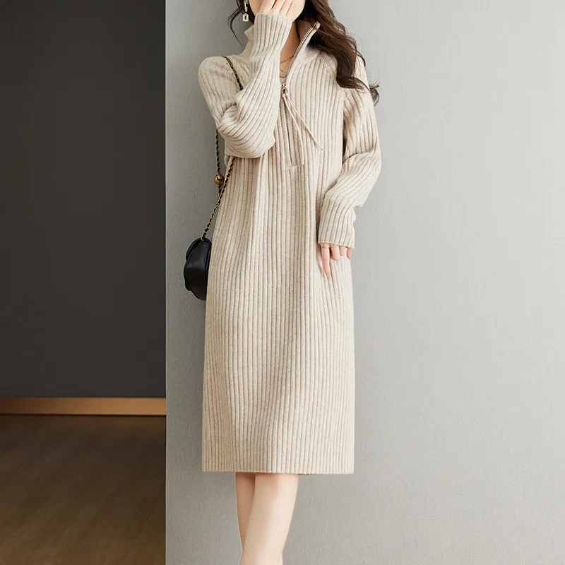 Japanese Half Zipper Knitted Dress 2023 Autumn and Winter New Mid-Length Loose Casual Long Sleeves Stand Collar Woolen Skirt