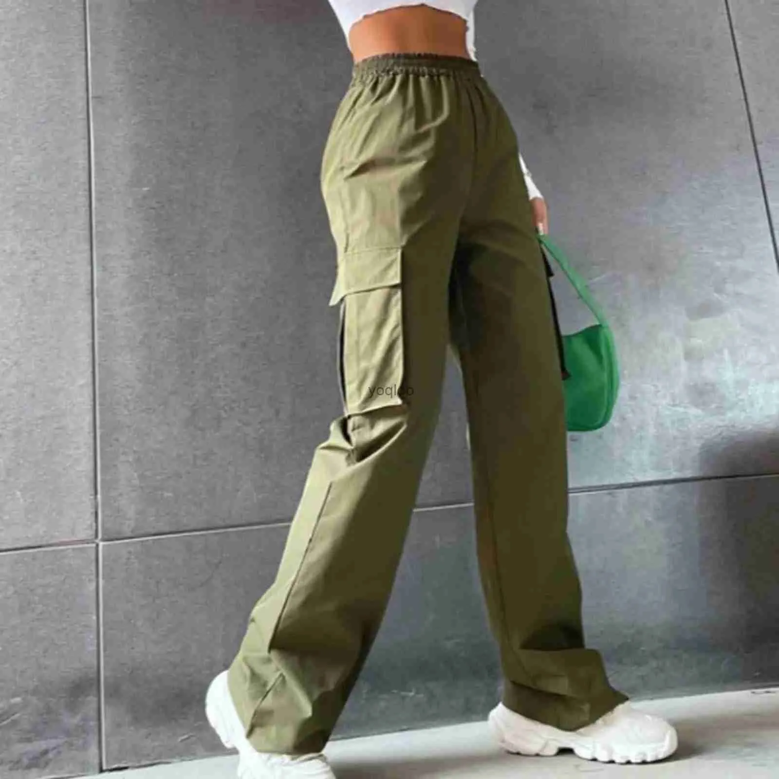 Calças femininas capris exército verde calças de carga para mulheres cintura alta calças largas bolso grande treino streetwear casual jogging outfits joggersl2403