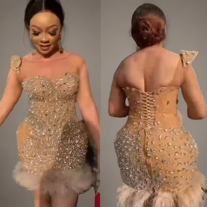 Lüks Tüy Bir Omuz Kokteyl Elbiseleri Akşam Giysileri İçin Boncuklu Tül Kısa Mini Elbise Mezuniyet İkinci Resepsiyon Prom Gowns Resmi Elbise