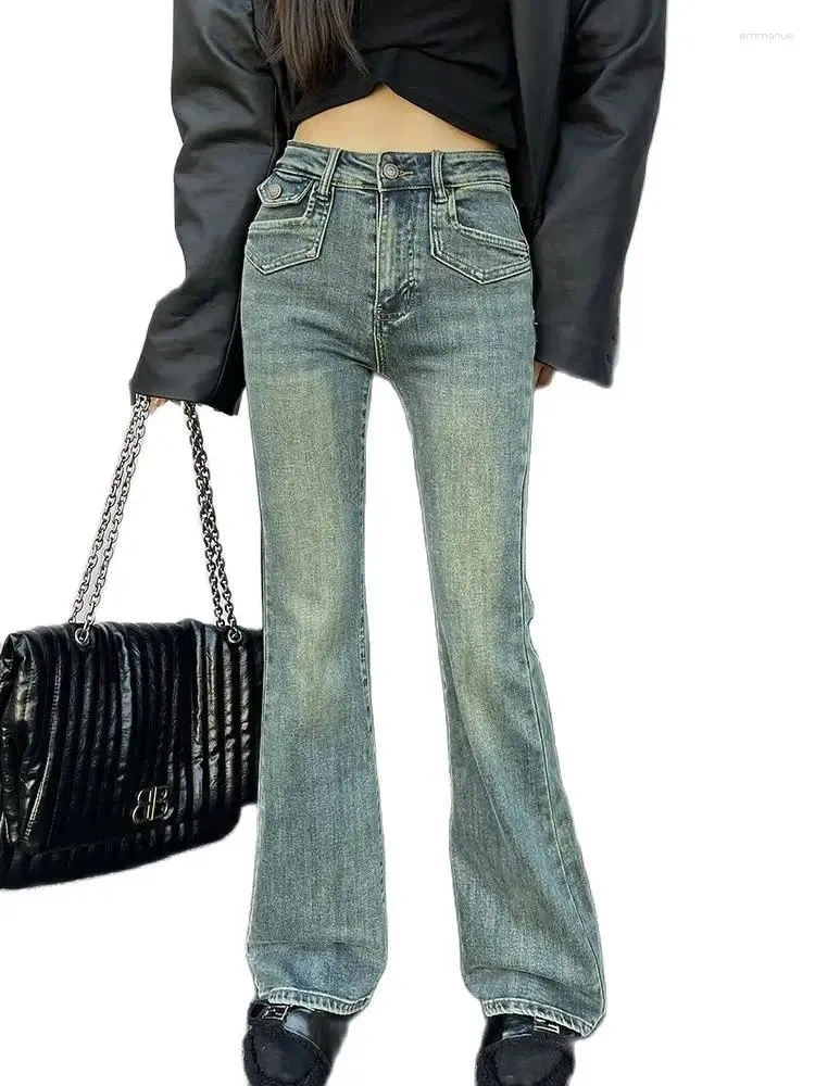 Jeans da donna Eleganti stivali elasticizzati con taglio nero blu a vita alta svasati 2024 Slim-Fit autunno inverno eleganti abiti da lavoro chic coreano