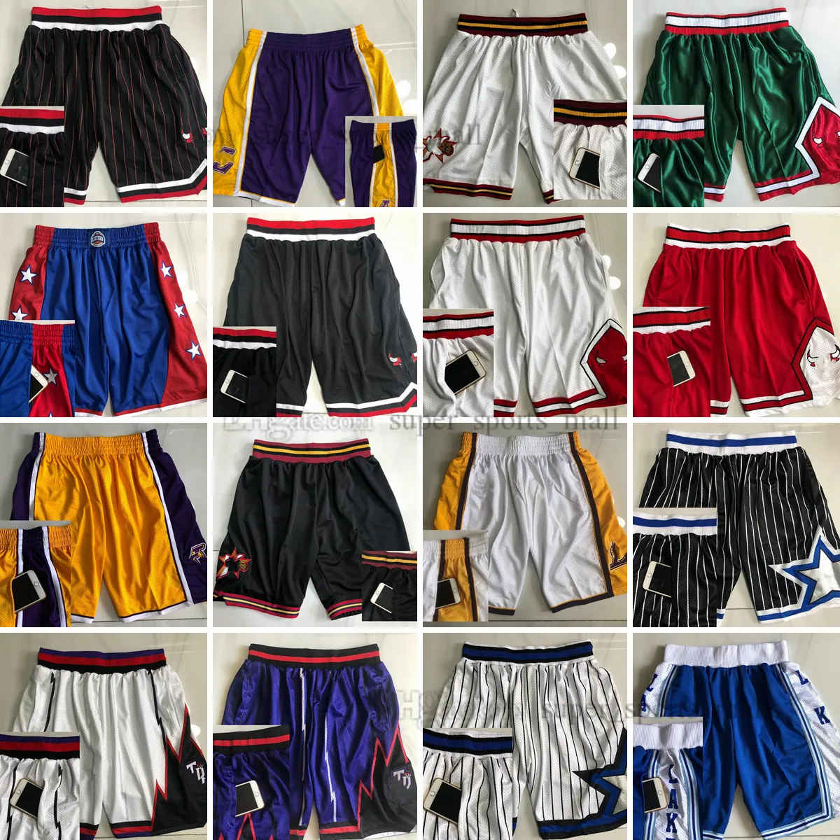 Shorts de basquete Sport Wear com bolso lateral Big Face All Team Short Sweatpants Homens Moda Estilo Malha Retro Boa Qualidade Curto Branco Preto Vermelho