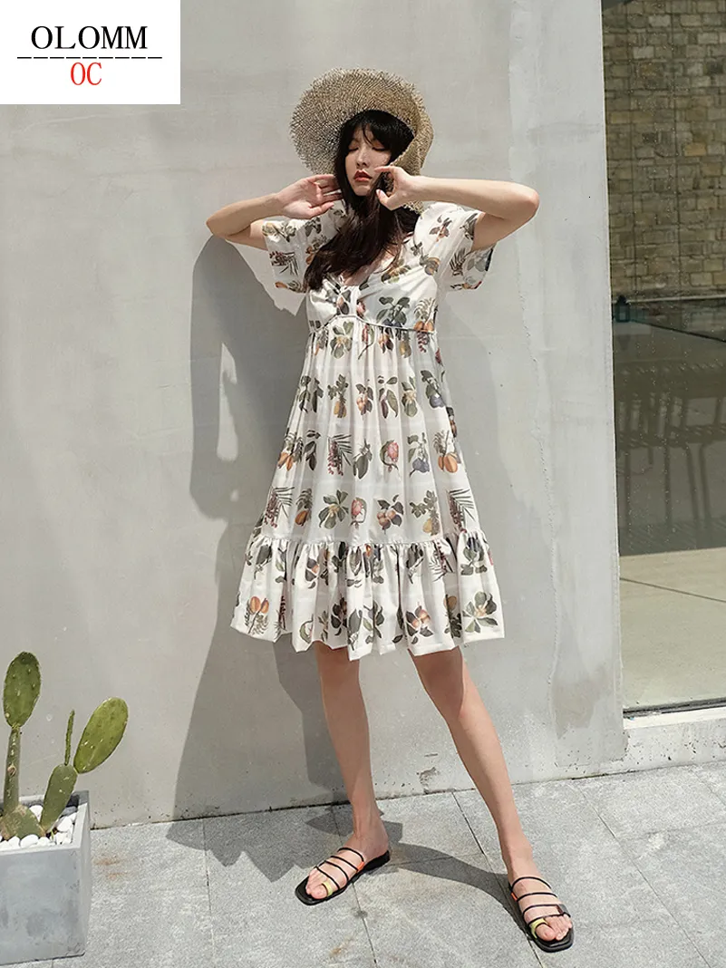 Casual Dresses Summer Women's Printed Dress Japanese and Korean Academy Style V-neck Bubble Sleep Fashion Long Dress A2167# 230407