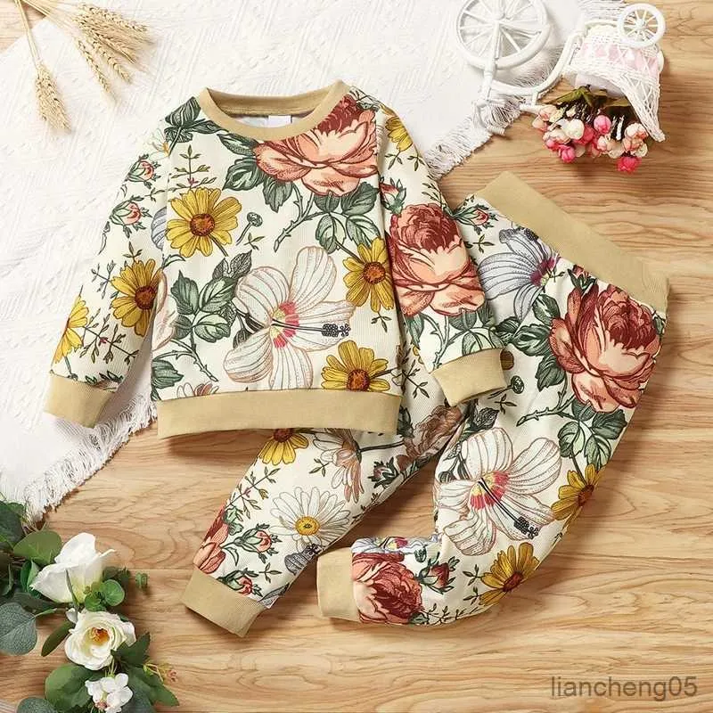 Conjuntos de roupas primavera outono meninas roupas conjuntos peça flor impressão manga longa topos + manga longa boho moda meninas conjunto roupas