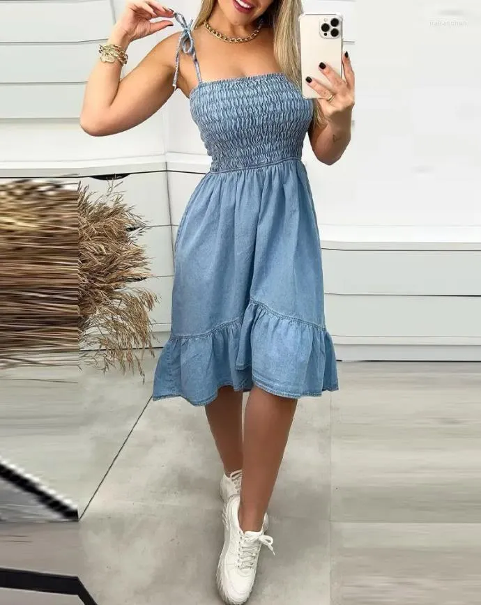 Casual Dresses Women's 2023 Summer Bited Detail Ruffle Hem Shirred Denim Square Neck Sleeveless Plain Midi Daily Dress