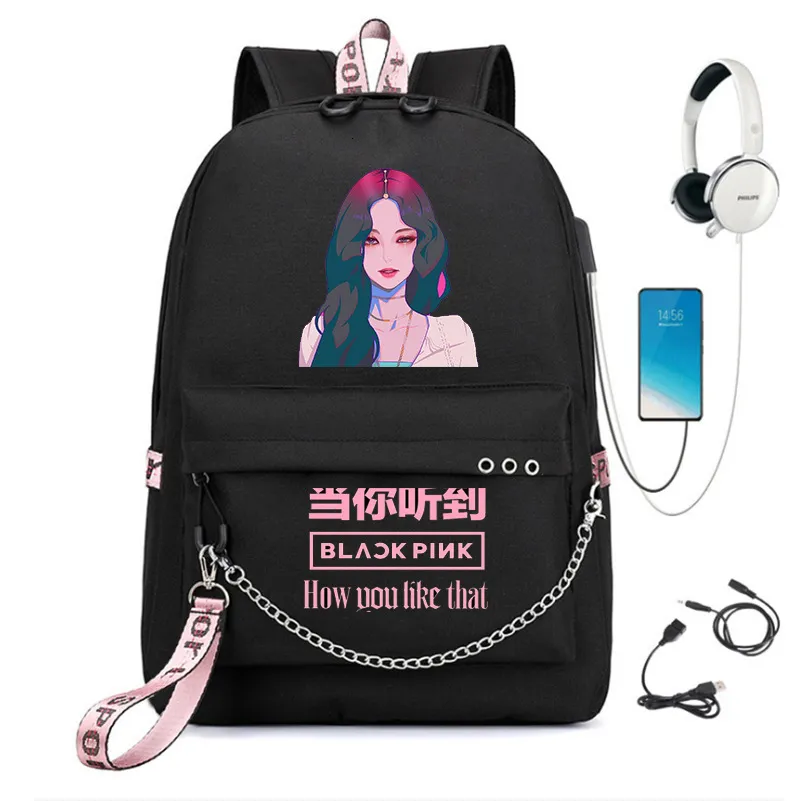 School Bags Fashion Black Backpacks Pink Girls Travel Laptop Chain Backpack Headphone USB Port 230407