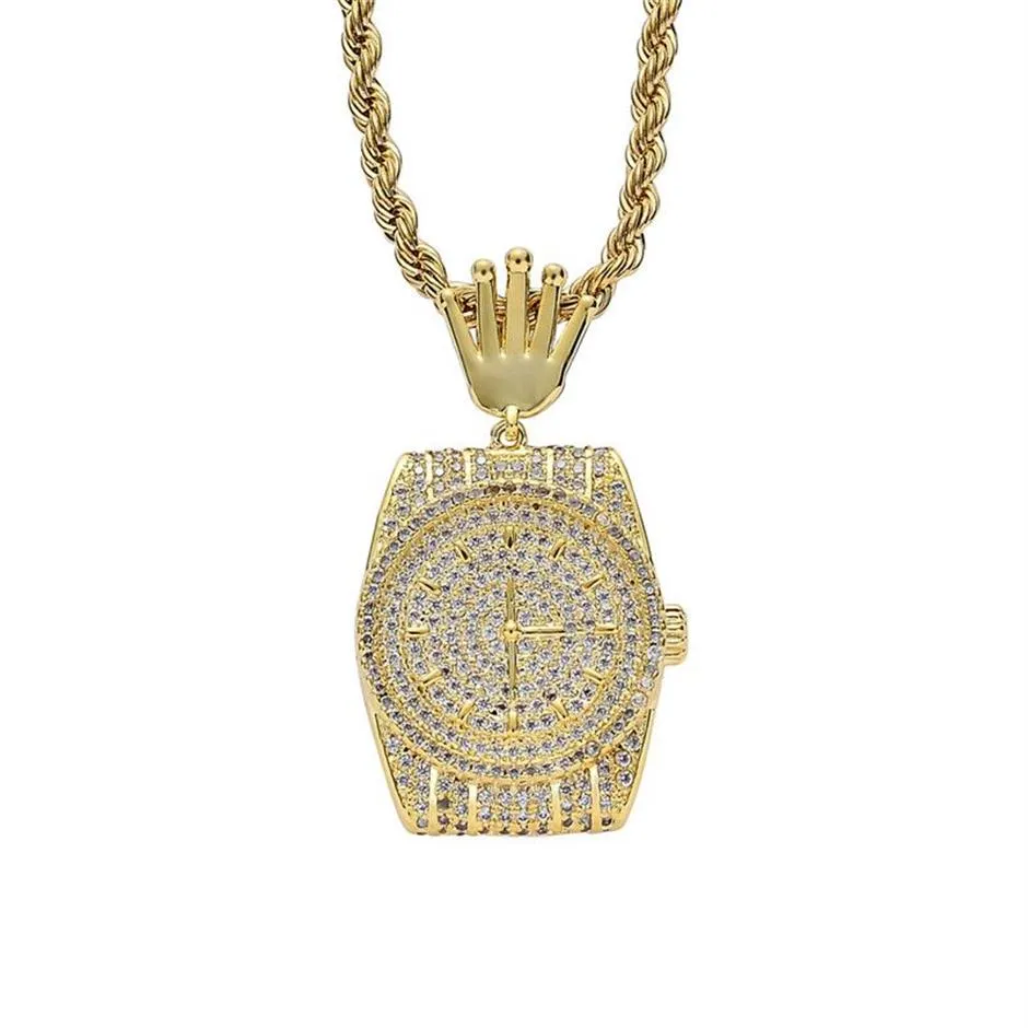 Relógio de bolso banhado a ouro 18k, colar com material de cobre, pedra cz completa, joias masculinas de hip hop, presente269m