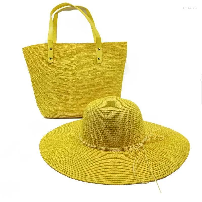 Chapéus largos de duas peças e três peças para mulheres Bolsa de verão Conjunto de Raffia de Raffia de Raffia Ladies Beach Sun Hatwide Davi22