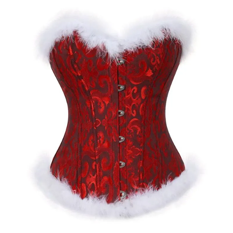 Bustiers Corsets S-6XLセクシーな白い羽毛クリスマスコルセットジャクアードスリムプラスサイズオーバーバスト女性バーレスクビスチャートップバスティ