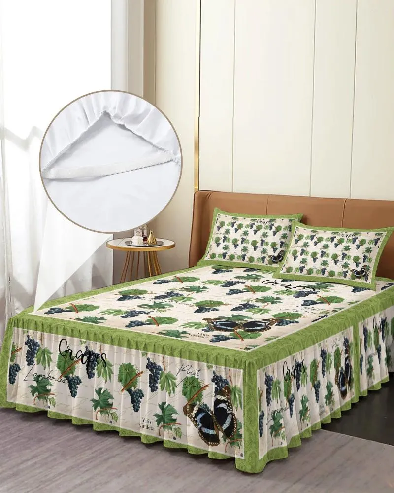 Jupe de lit Vintage texturé plante Fruit raisin, couvre-lit élastique avec taies d'oreiller, housse de matelas, ensemble de literie, drap