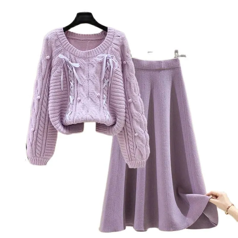 Two Piece Dress Spring and Winter Women's Knitted Two Piece Pulled Sweater A-Line SkirtKnitted Skirt Office Women's Loose Casual Two Piece Set Women's 230407