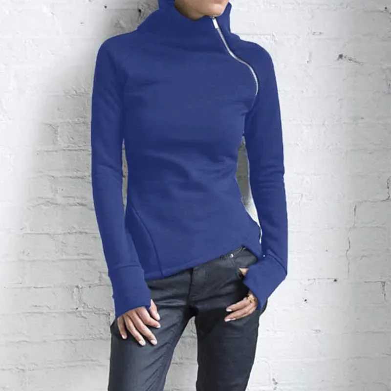 Женская футболка Jocoo Jolee, весна-осень, повседневные однотонные толстовки, женские водолазки с длинным рукавом, толстовки на молнии, женские топы нестандартной формы, 2023