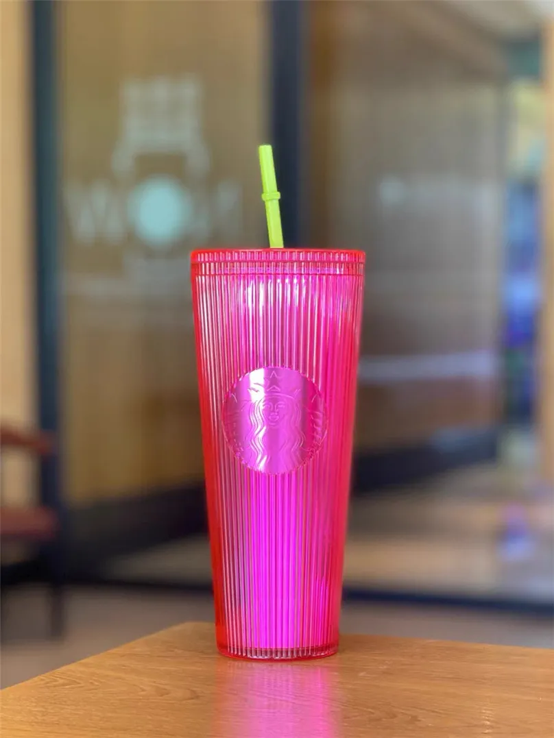Reusable Pink Plastics Straw Cup With Lid 710ml Capacity For Starbucks