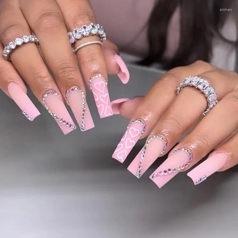 Pink Heart Rhinestone False Pink Nails Set With Detachable Press