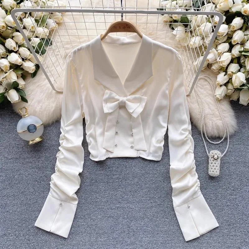 Bluzki damskie Chic Blouse Women 2023 Bow Blusas Solid Polo Neck Satual For Woman Korean Fashion High-Fund w stylu towarzyskim Dropship