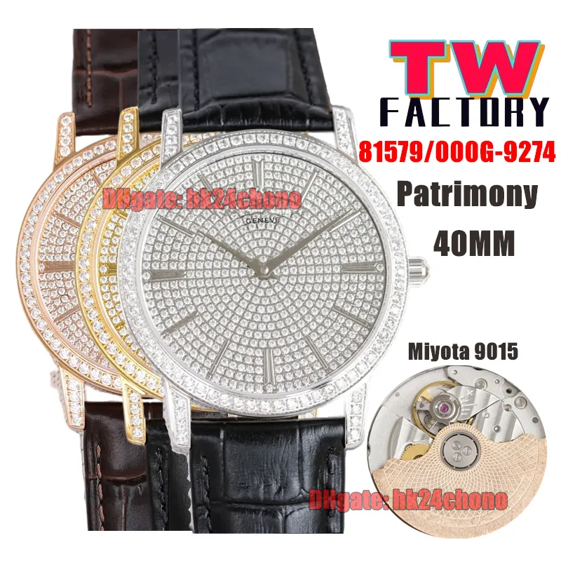 TW Factory Watches TWF Patrimony 40 mm 81579/000G-9274 Miyota 9015 Autoamtic Herrenuhr Gypsophila Pave Diamonds Zifferblatt Lederarmband Herrenarmbanduhren Hohe Qualität