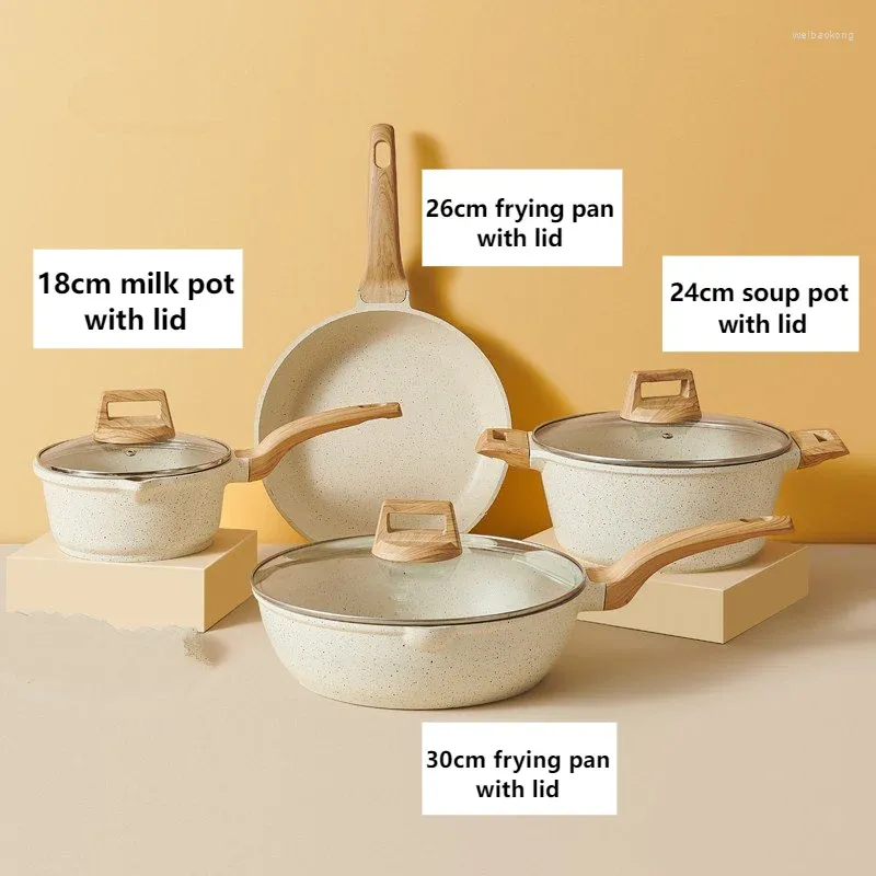 Padelle 4PCS Set di pentole in pietra di riso e grano per uso domestico antiaderenti 26 cm Padella per friggere 18 cm Latte 24 cm Zuppa 30 cm Frittura