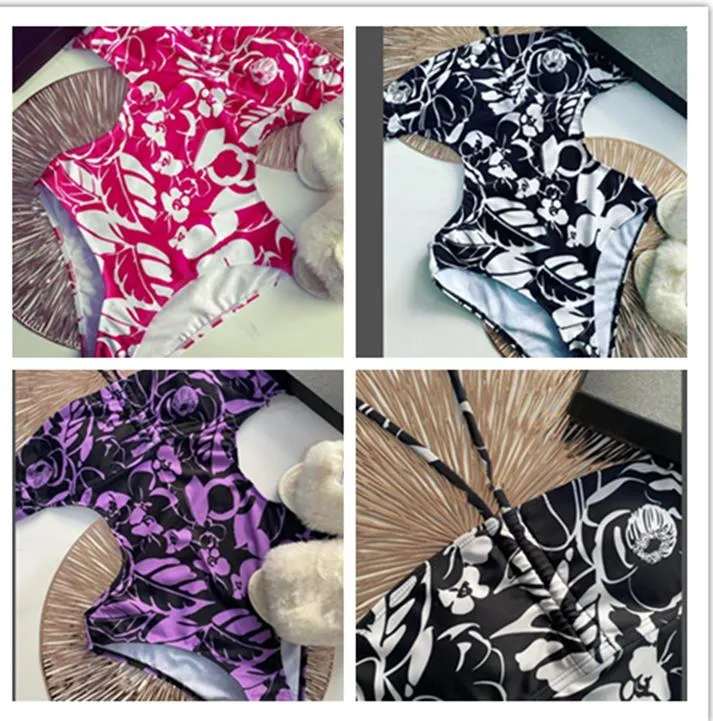 Nueva mujer Traje de baño de una pieza Bikinis 2023 Diseñador Rosa Púrpura Flor negra Traje de baño estampado floral Trajes de baño de playa de verano para mujeres Bikinis Ropa sin espalda