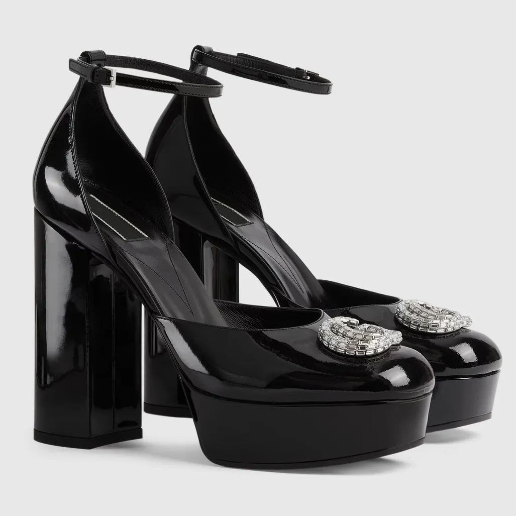 غلاف كعب صندل المصممين أحذية أزياء راينستون بذوكة براءة اختراع كعب جلدي 12 سم عالية الكعب حذاء نسائي 35-42 منصة كعب مصمم الصندل