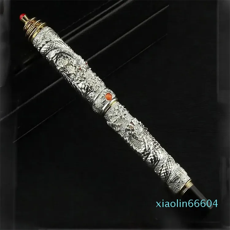 Klassisk metall Double Dragon Relief Fountain Pen Temple of Heaven Golden Silver Gun Grey School Student Office Stationery