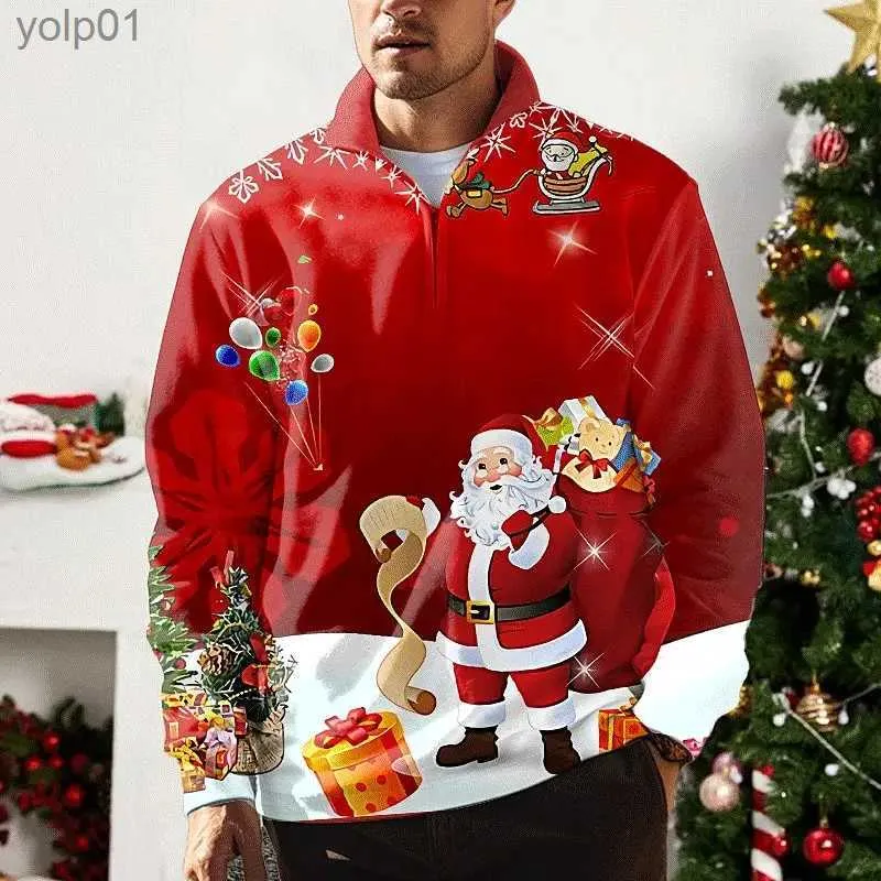 Moletom Com Capuz Masculino Novo Suéter Com Zíper De Natal Para Homens 3D Papai Noel Impresso Longo Sle Moletom Outono Moda Masculina Com Capuz Solto Oversized TopsL231107