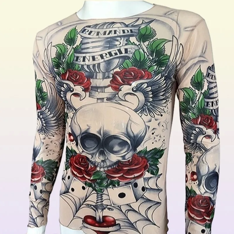 Moda Uomo039s Tatuaggi finti Magliette Manica lunga Elastico Modale Sottile All Over Stampa Oneck Tattoo Camicie Abbigliamento Halloween Larg7694457
