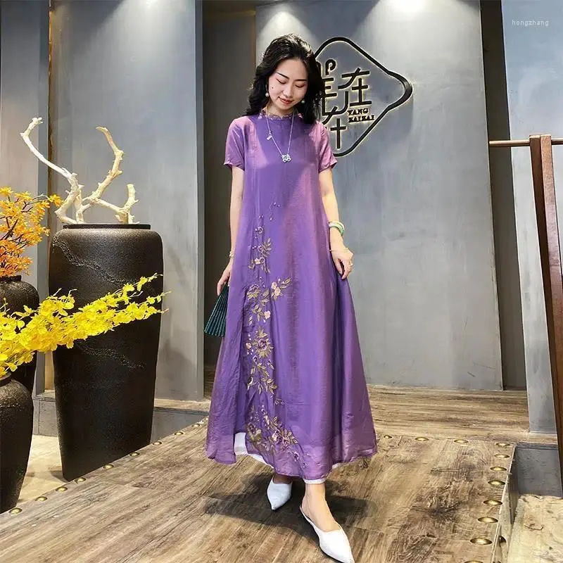 Roupas étnicas 2023 Chinês Tradicional Cheongsam Vestido Algodão Linho Qipao Mulheres Elegante Festa de Noite Flor Bordado Chiffon A37